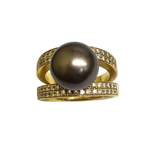 Bague en Or Jaune 18K avec Diamants et Perle de Tahiti - T53 - 12.70gr
