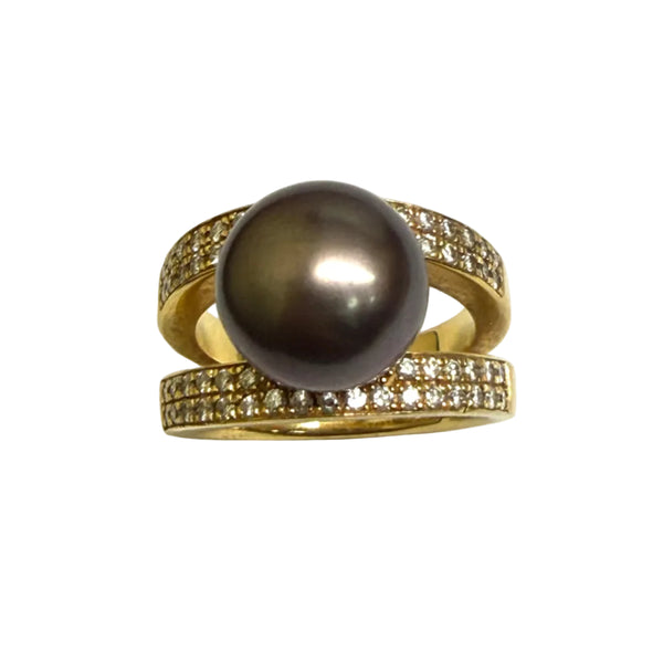 Bague en Or Jaune 18K avec Diamants et Perle de Tahiti - T53 - 12.70gr