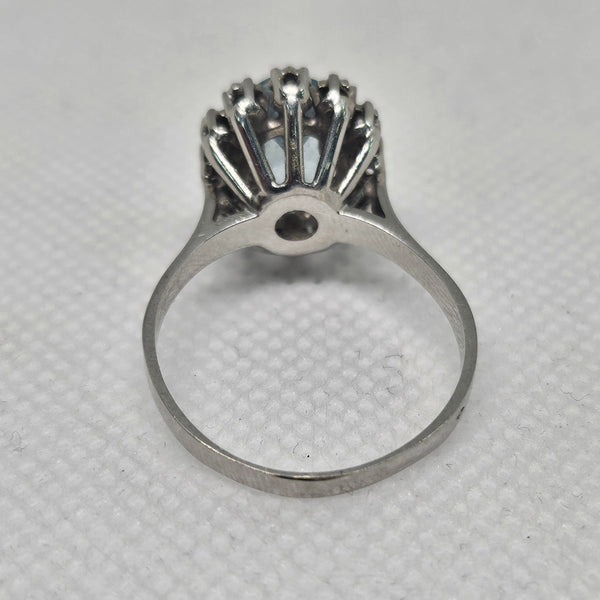 Bague Marguerite Or Gris 18 Carats Aigue Marine Diamants Taille 58