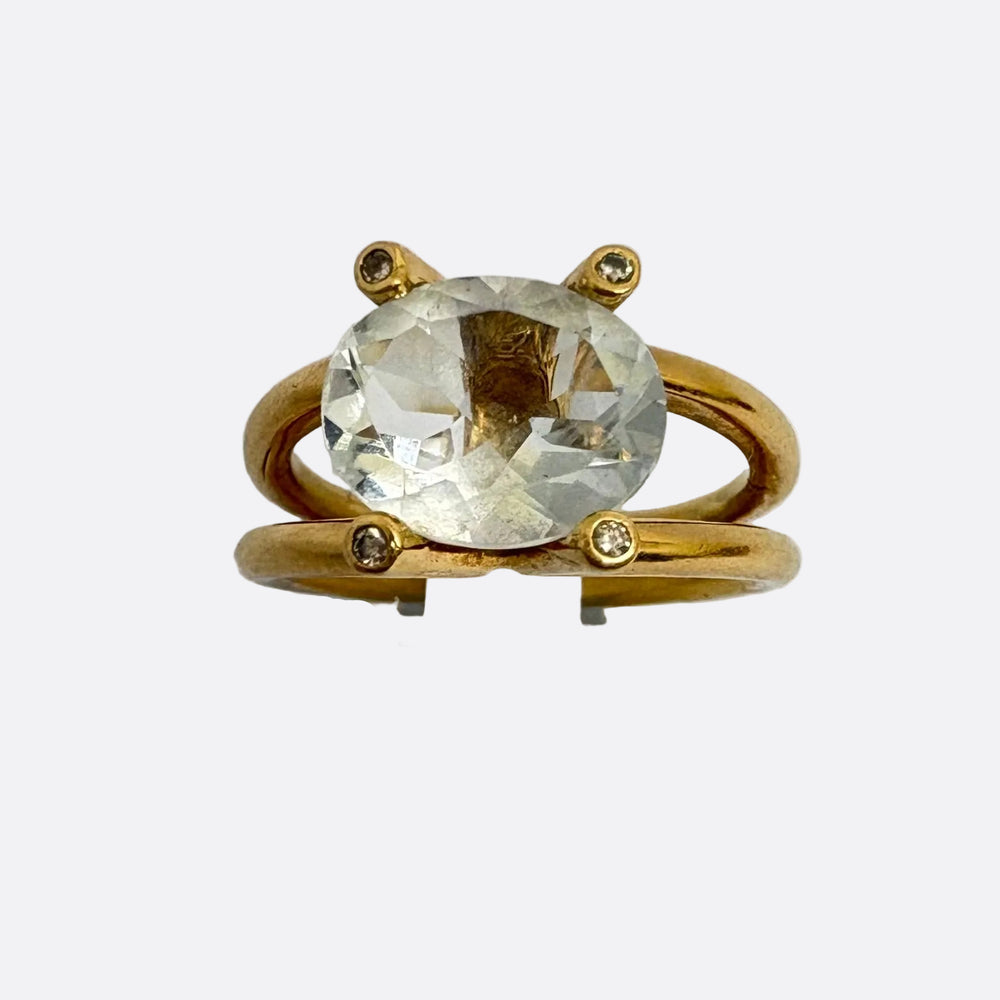 Bague Solitaire en Or Jaune 18K Diamants et Aigue Marine - Taille 52 - 6.24g