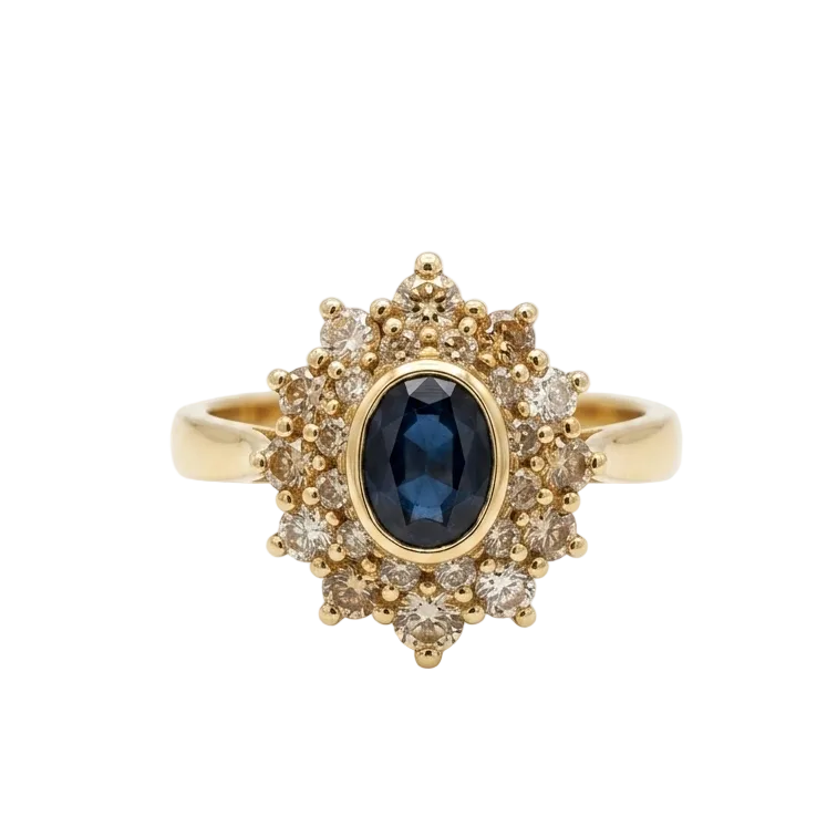Bague Marguerite Or Jaune 18K - 5.88 G Diamants et Saphir