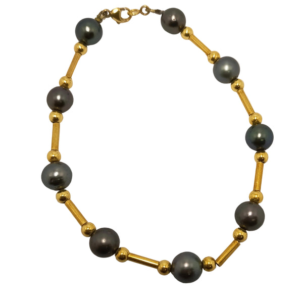 Bracelet Artisanal Tube Or et Perle Tahiti en Or Jaune 18k