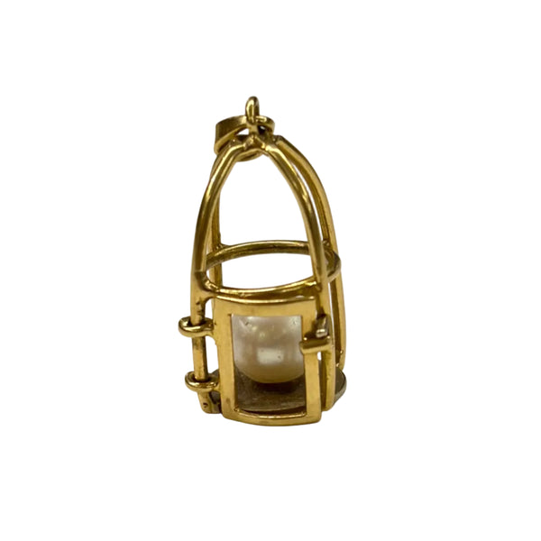Superbe Pendentif Cage avec Perle en Or Jaune 18k