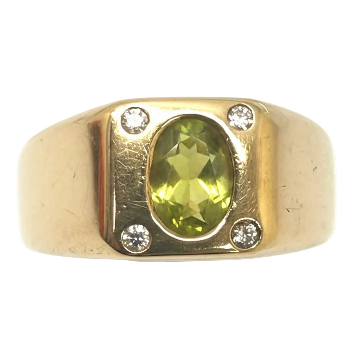 Chevalière avec Péridot et Diamant en Or Jaune 18K