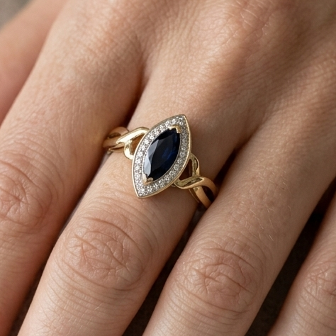 Bague Marquise Or Jaune 18K - 2.35 G - Taille 49 Bleu Diam