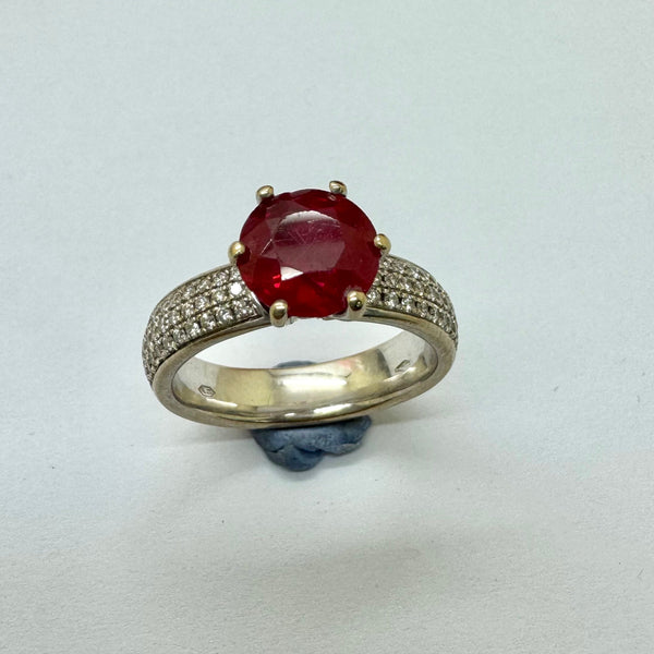 Bague Or Blanc Solitaire Diamants et Rubis 18K