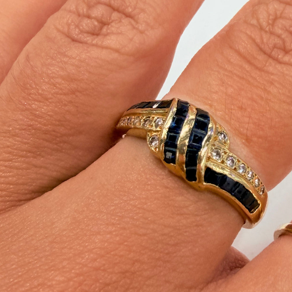 Bague en Or Jaune 18 K avec Diamants et Saphir - Taille 57