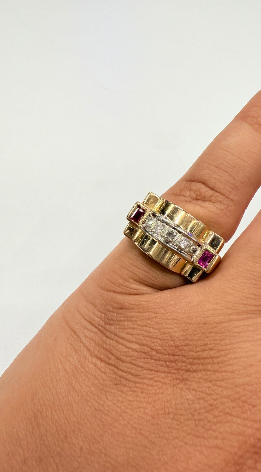 Bague Tank Or Jaune et Blanc Diamants et Rubis
