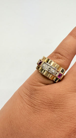 Bague Tank Or Jaune et Blanc Diamants et Rubis