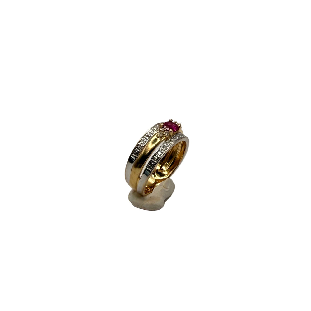 Bague en Or Jaune, Or Blanc 18K avec Diamants et Rubis 3.89 Grs Taille 54