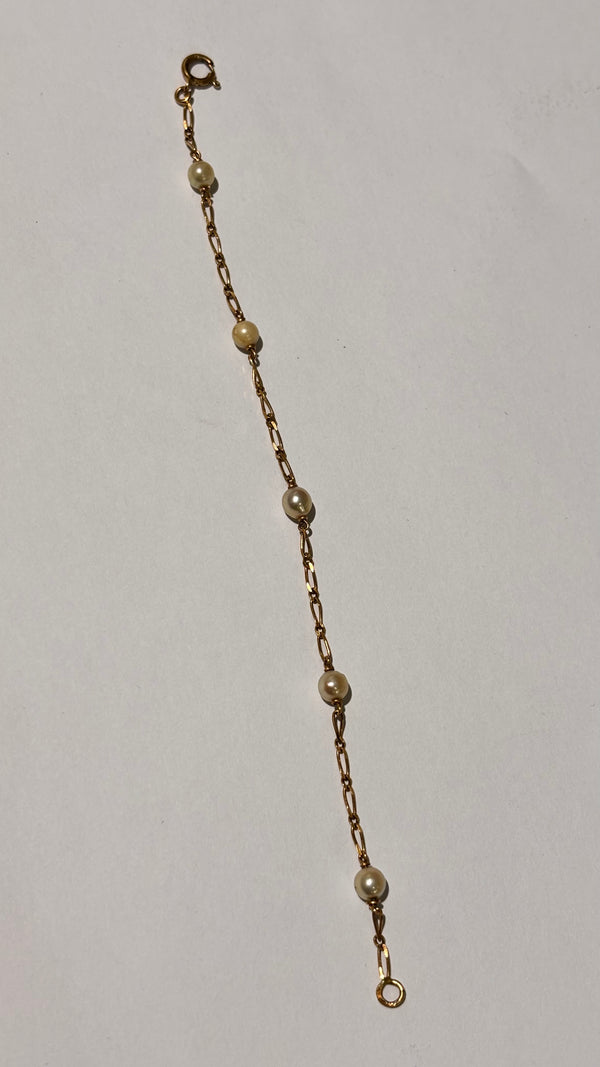 Bracelet Or Jaune 18K Figaro Maillon Perles 15cm