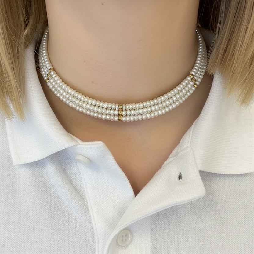 Collier Ras du Cou en Or Jaune 18 Carats avec Perles