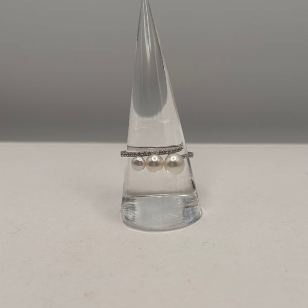 Bague en Or Blanc 18K avec Perles et Zirconiums