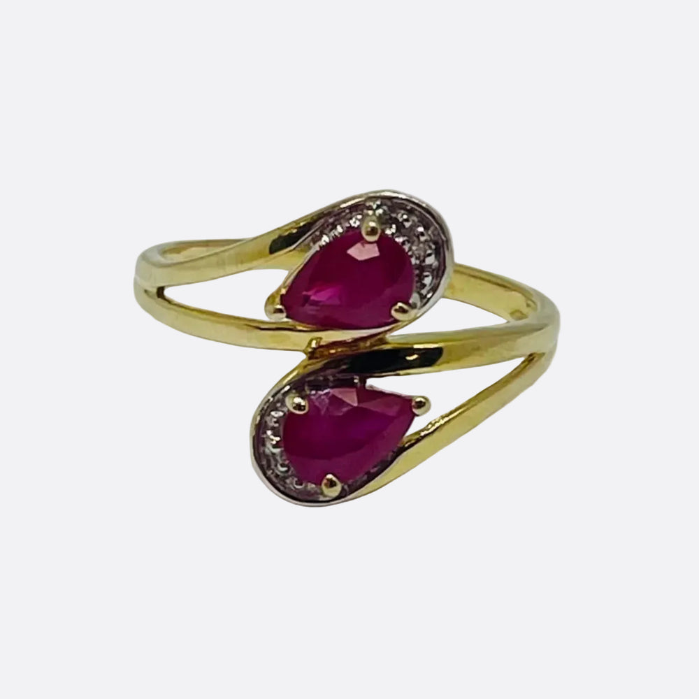 Bague en Or jaune 18K - 2 Rubis - Taille 54