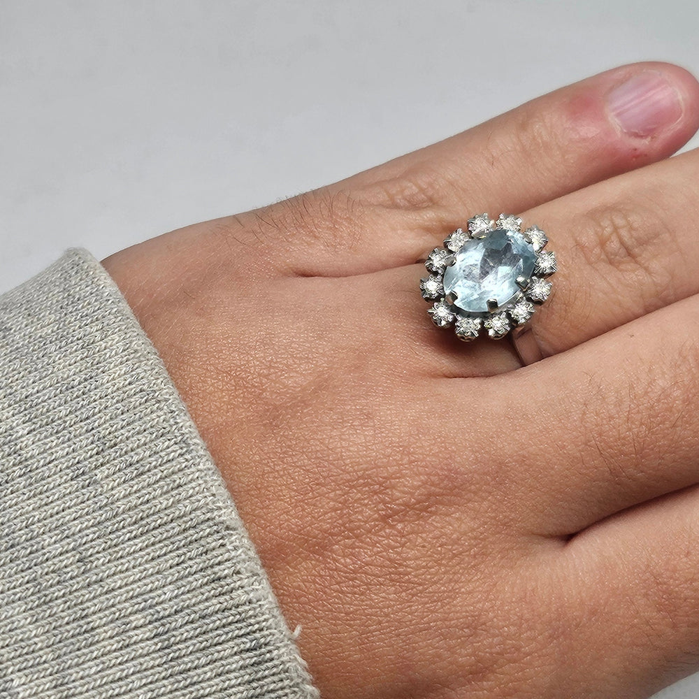 Bague Marguerite Or Gris 18 Carats Aigue Marine Diamants Taille 58