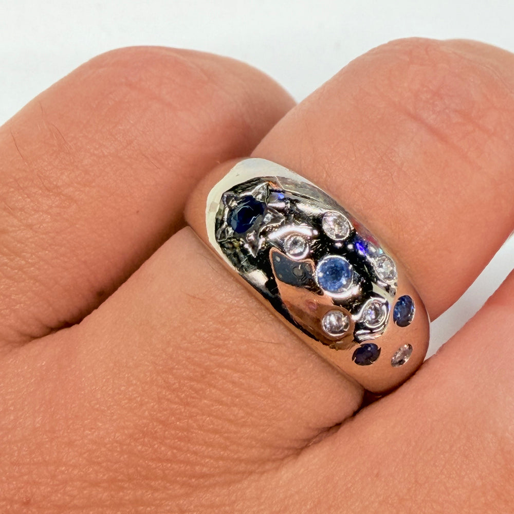 Bague Jonc Or Blanc avec Diamants et Saphir 18k