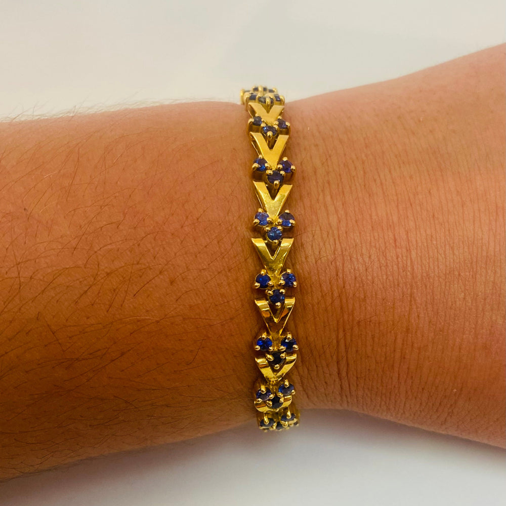 Bracelet Maillon en Or Jaune 18 Carats avec Saphirs - L 19 Cm