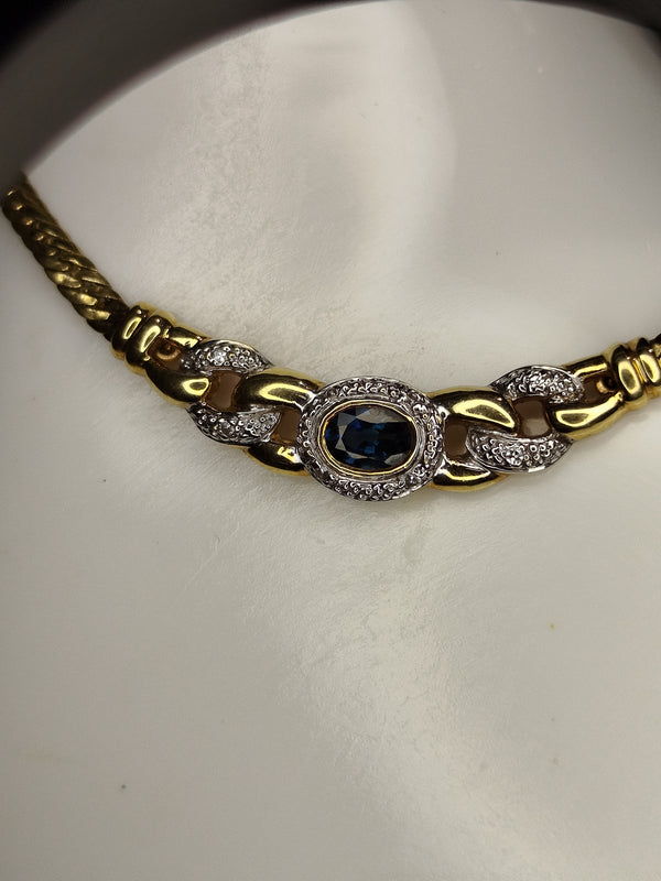 Collier Matinée Or Jaune 18K Maille Anglaise Diamants Aigue Marine