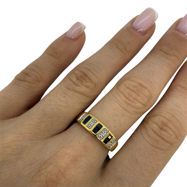 Bague Demi Tour Or Jaune avec Diamants et Pierres Bleues - T 53
