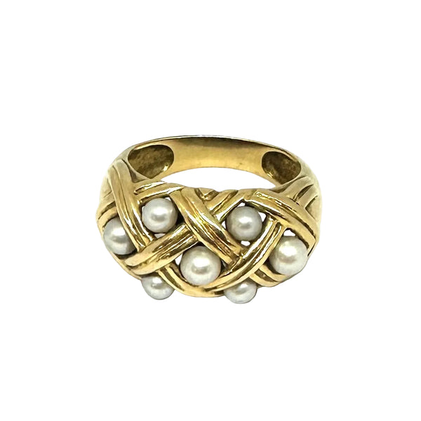 Bague en Or Jaune entrelacée et perles 18k
