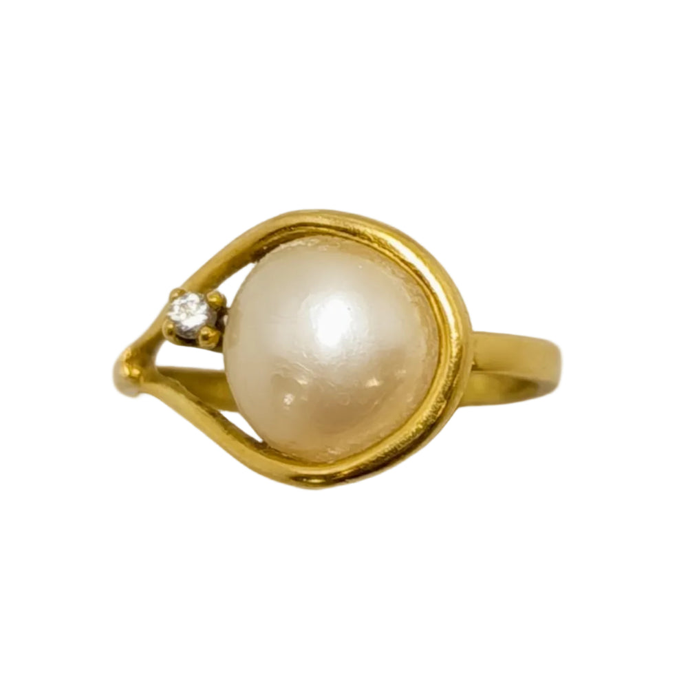 Bague Solitaire Or Jaune avec Perle et Oxyde de Zirconium 18K