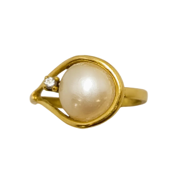 Bague Solitaire Or Jaune avec Perle et Oxyde de Zirconium 18K