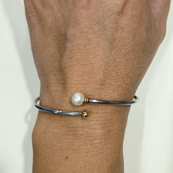 Bracelet Jonc en Or Jaune et Or Gris avec Perle Blanche 18k