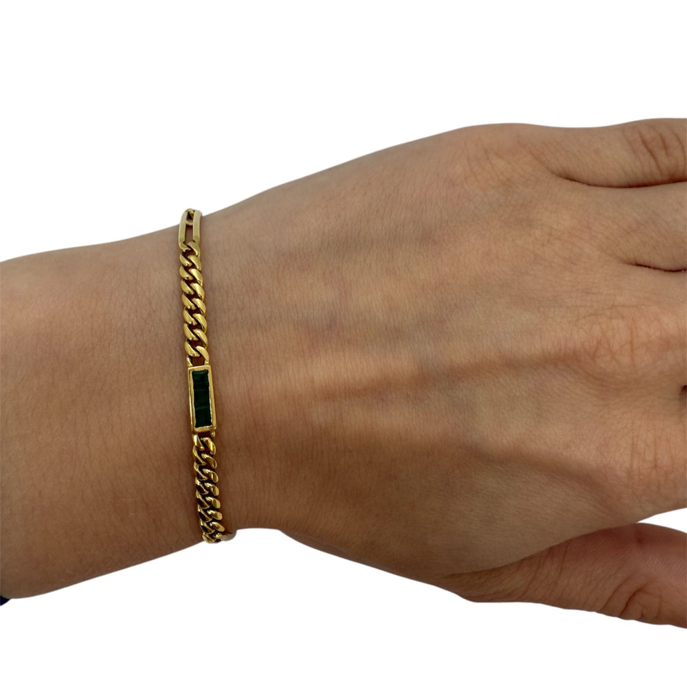 Bracelet Gourmette en Or Jaune Émeraude 18 Carats - 19.5cm