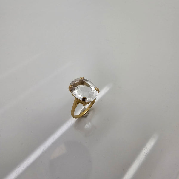 Bague Solitaire Or Jaune 18K avec Cristal de Roche - T57 - 6.14gr
