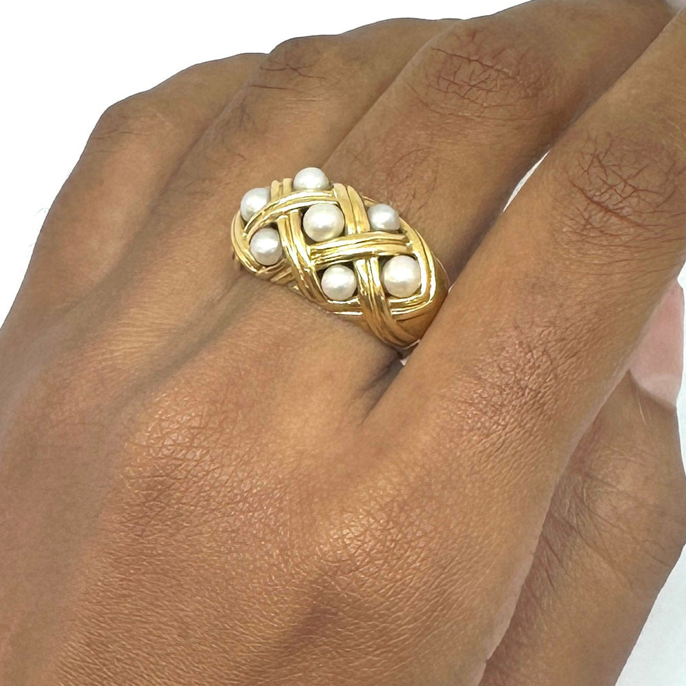 Bague en Or Jaune entrelacée et perles 18k