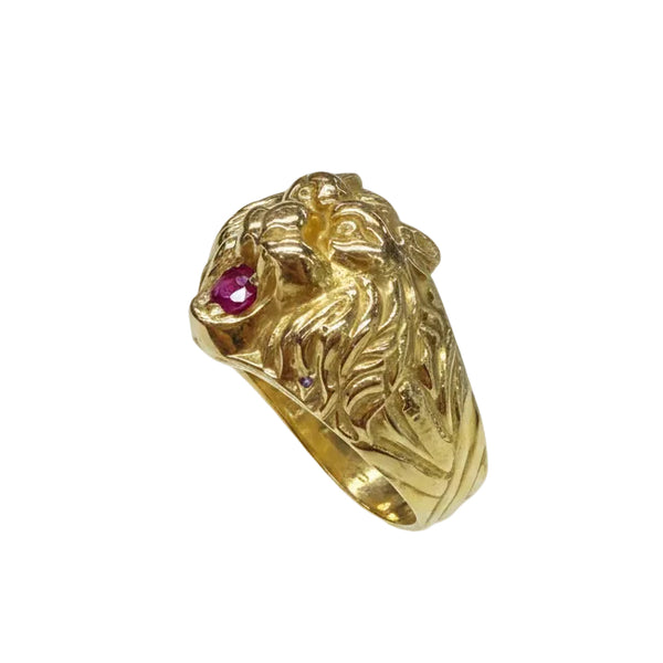 Bague Tête de Lion Or Jaune 18k avec Rubis
