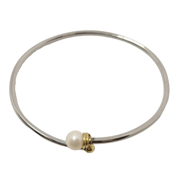 Bracelet Jonc en Or Jaune et Or Gris avec Perle Blanche 18k