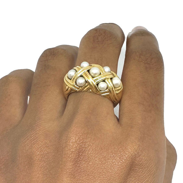 Bague en Or Jaune entrelacée et perles 18k