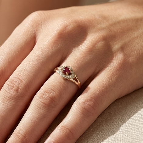 Bague Or Jaune Solitaire Rubis Diamants 18K - 1.23 G - T 58