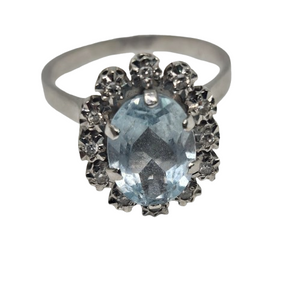 Bague Marguerite Or Gris 18 Carats Aigue Marine Diamants Taille 58