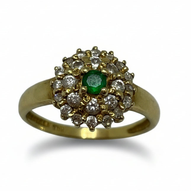 Bague Marguerite Or Jaune avec Emeraude et Zirconium  18K -T56cm