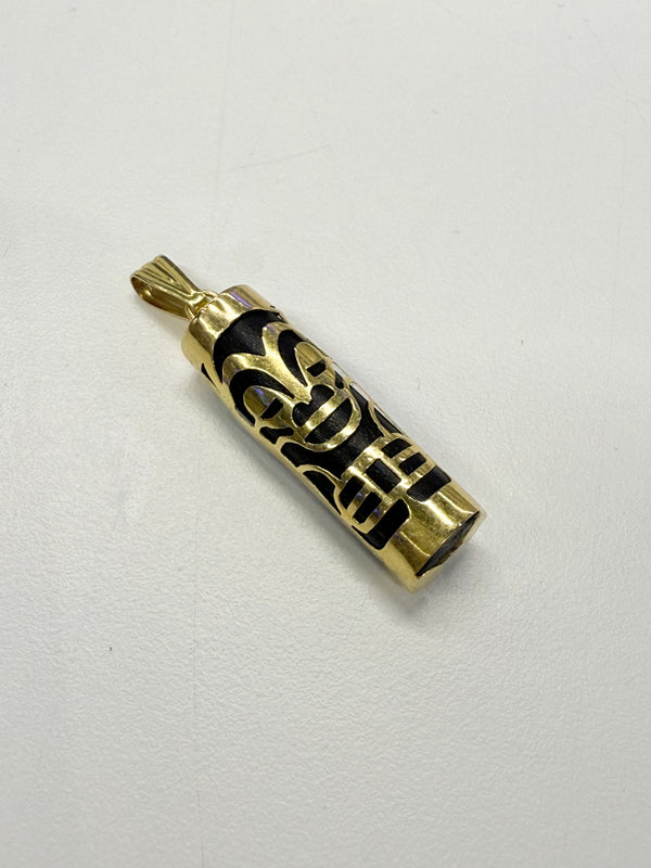 Pendentif Tiki en Or Jaune 18K avec Pierre en Bois