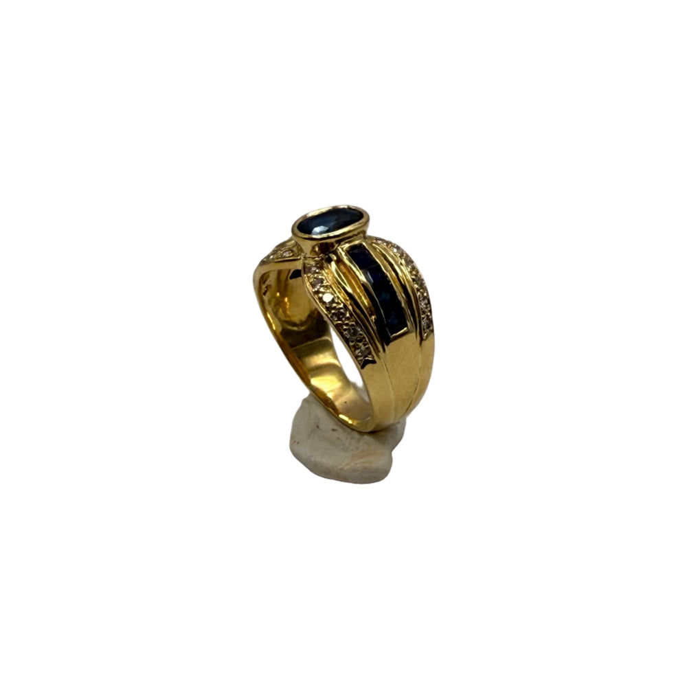 Bague en Or Jaune 18 Carats avec Diamants et Saphir 8.14 Taille 56