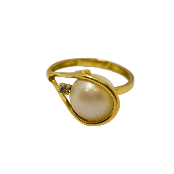 Bague Solitaire Or Jaune avec Perle et Oxyde de Zirconium 18K