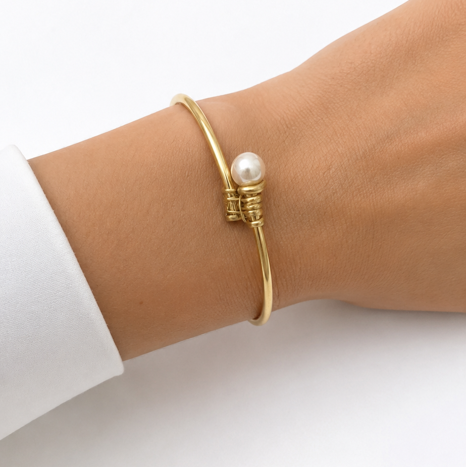Bracelet Jonc Or Jaune 18k Diamants et Perles