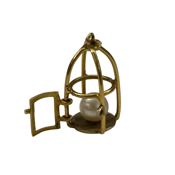Superbe Pendentif Cage avec Perle en Or Jaune 18k