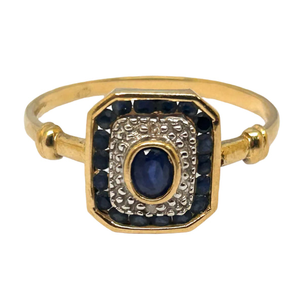 Bague Or Jaune 18K avec Saphir entouré de 18 saphirs avec effet diamanté