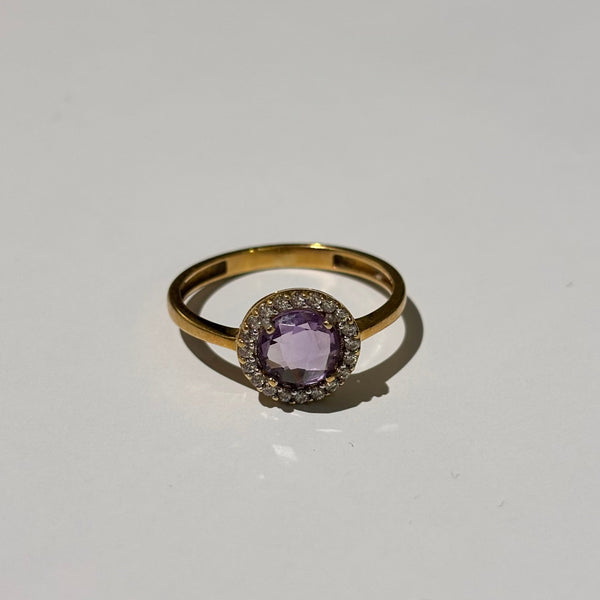 Solitaire Or Jaune 18 Carats avec Améthyste et Oxyde de Zirconium