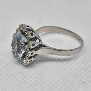 Bague Marguerite Or Gris 18 Carats Aigue Marine Diamants Taille 58