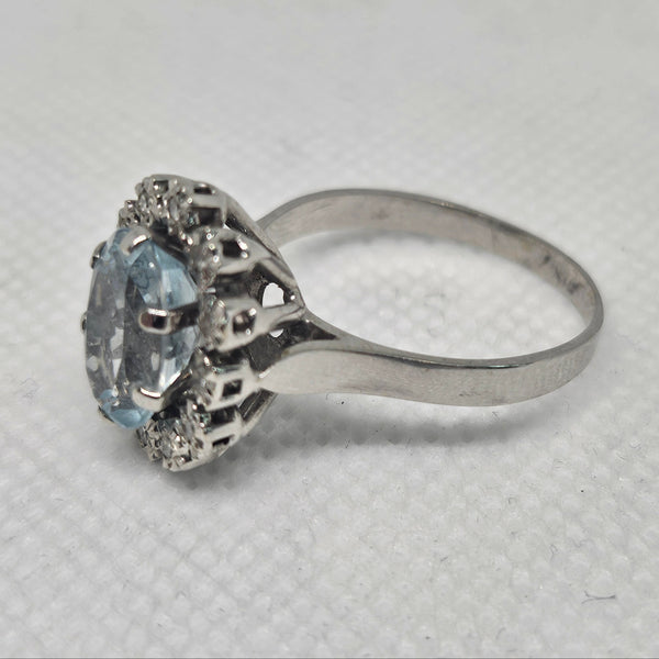 Bague Marguerite Or Gris 18 Carats Aigue Marine Diamants Taille 58