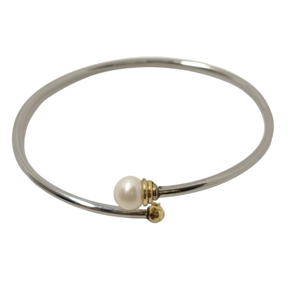 Bracelet Jonc en Or Jaune et Or Gris avec Perle Blanche 18k