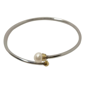 Bracelet Jonc en Or Jaune et Or Gris avec Perle Blanche 18k