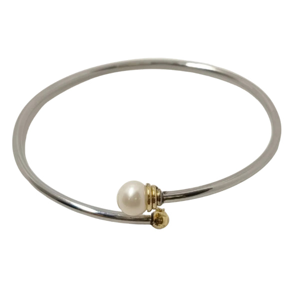 Bracelet Jonc en Or Jaune et Or Gris avec Perle Blanche 18k