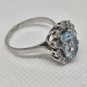 Bague Marguerite Or Gris 18 Carats Aigue Marine Diamants Taille 58