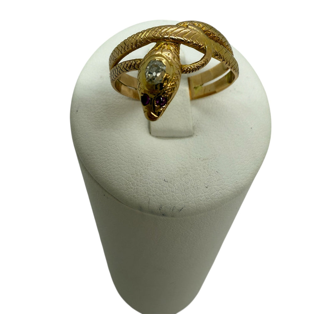Bague Serpent en Or Jaune Diamants Rubis 18 Carats - T 61